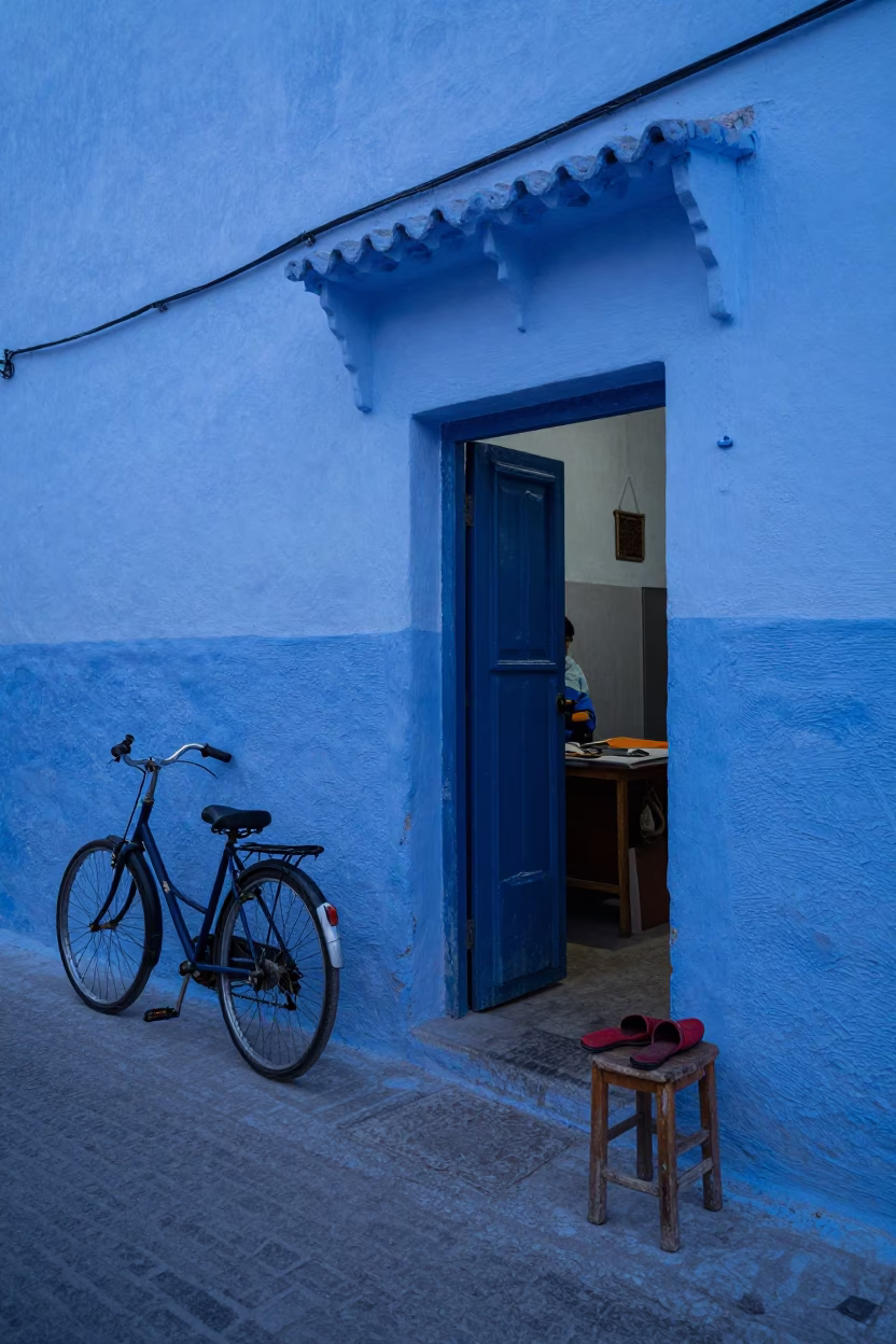 Blue Hour Street Scene in Essaouira Morocco with Bicycle and Stool in in Essaouira, Morocco