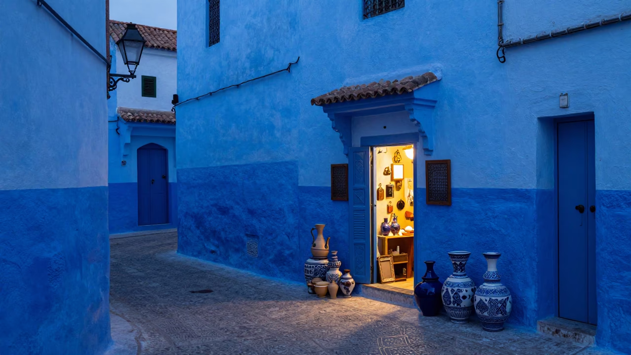 Blue Hour Street Scene in Essaouira Morocco with Ceramic and Kettle in in Essaouira, Morocco