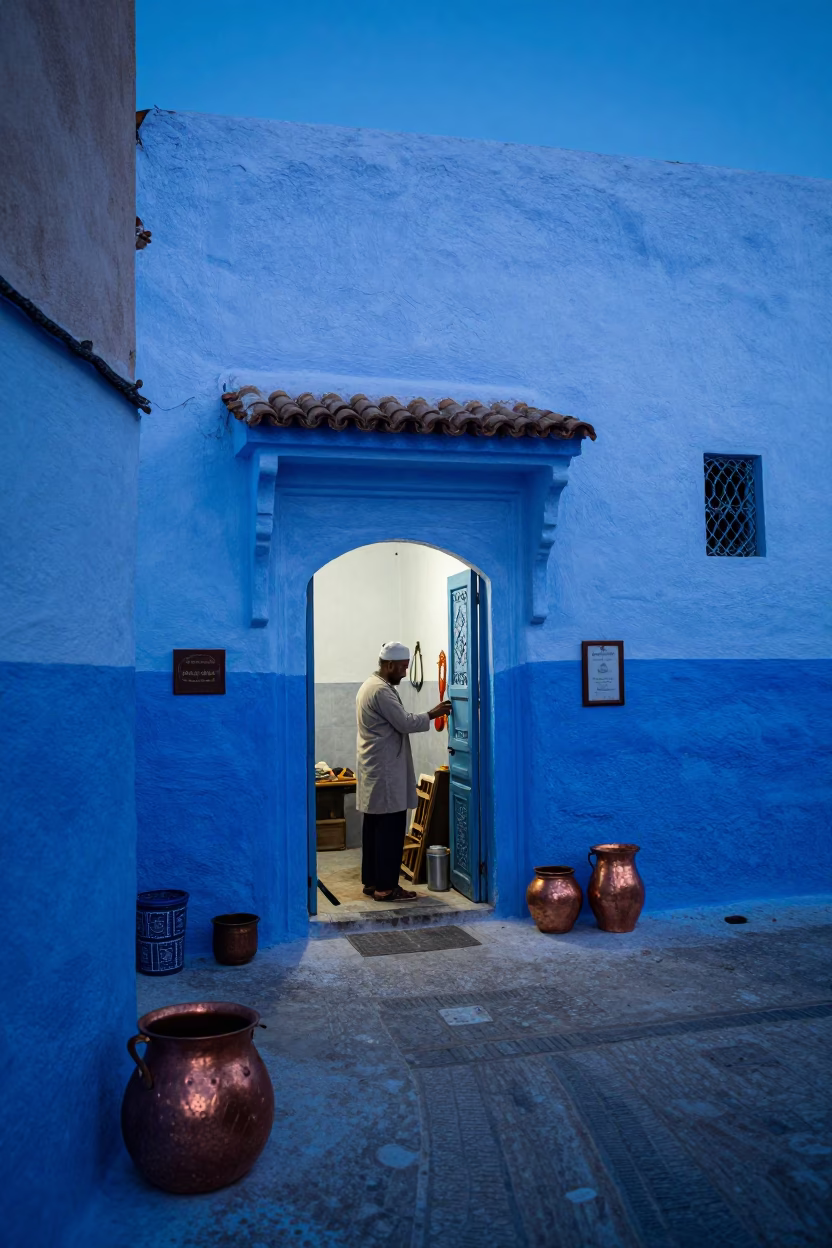 Blue Hour Street Scene in Essaouira Morocco with Copper Pot and Ceramic Pitcher in in Essaouira, Morocco