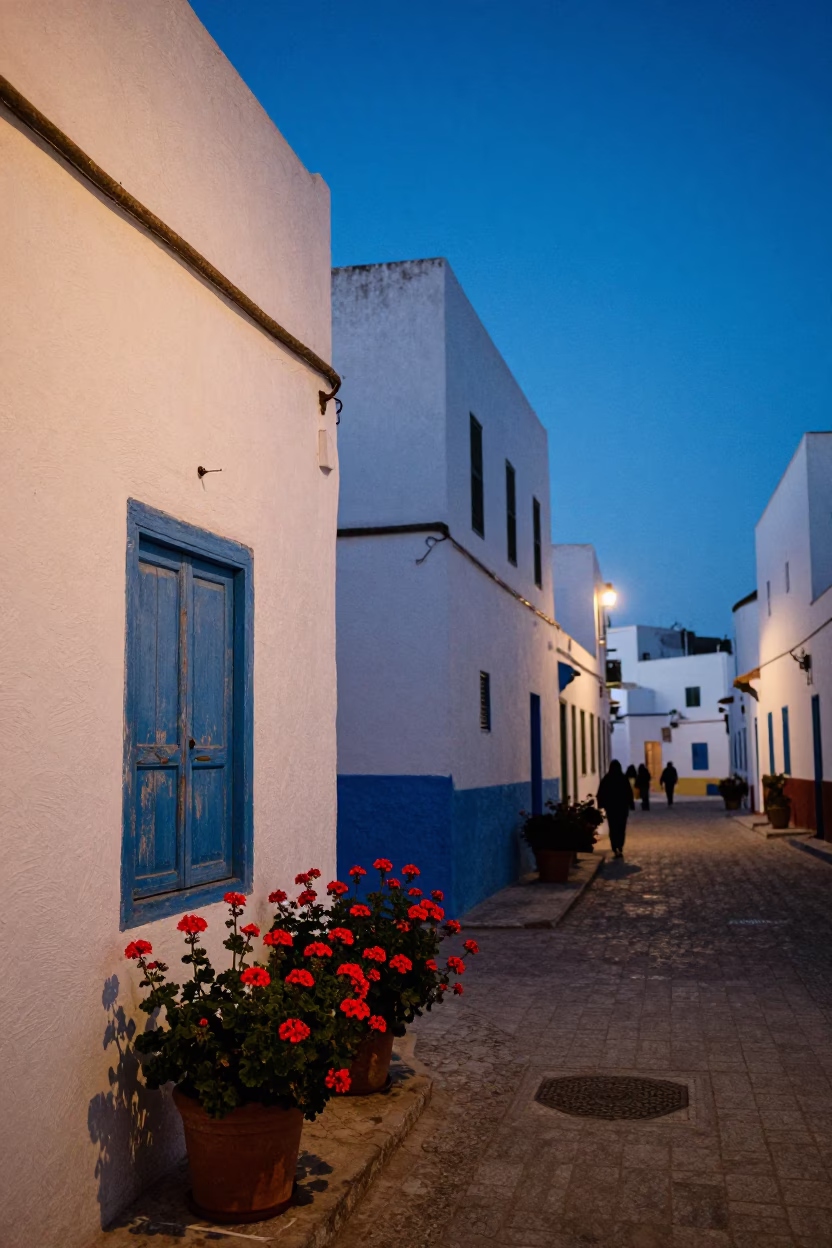 Blue Hour Street Scene in Essaouira Morocco with Geraniums and Weathered Wood in in Essaouira, Morocco