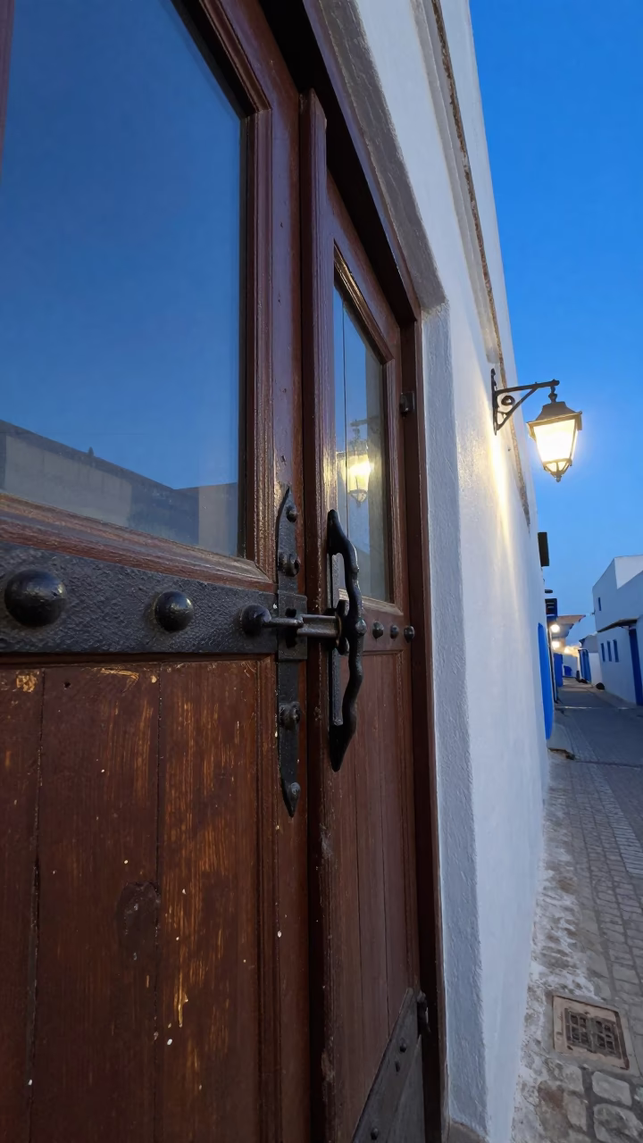 Blue Hour Street Scene in Essaouira Morocco with Iron Deadbolt and Whisk in in Essaouira, Morocco