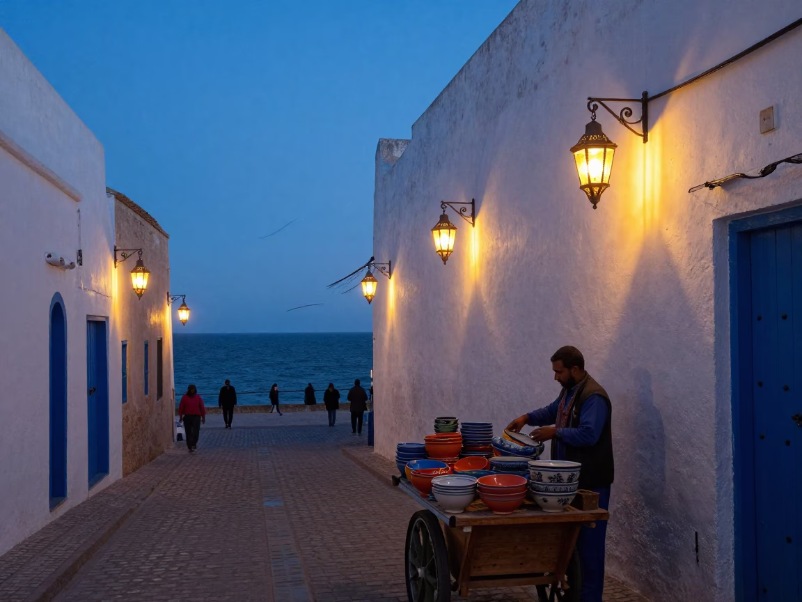 Blue Hour Street Scene in Essaouira Morocco with Lanterns and Coastal Wind in in Essaouira, Morocco