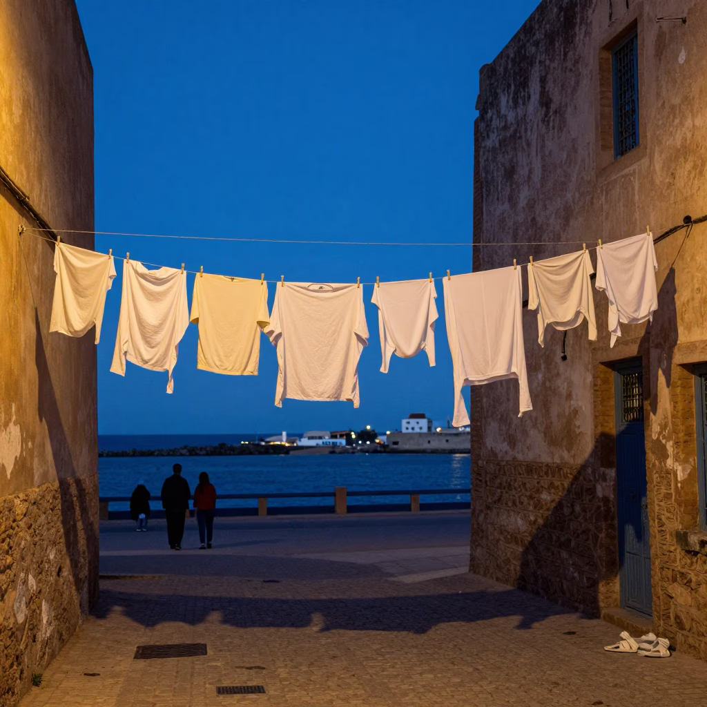 Blue Hour Street Scene in Essaouira Morocco with Laundry Lines and Harbor Details in in Essaouira, Morocco