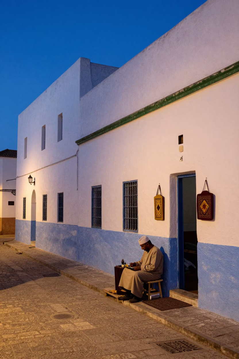 Blue Hour Street Scene in Essaouira Morocco with Local Artisan and Traditional Details in in Essaouira, Morocco