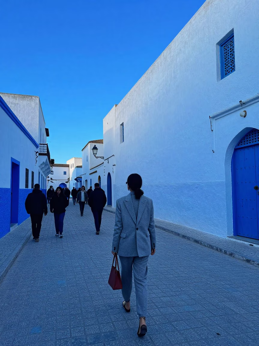 Blue Hour Street Scene in Essaouira Morocco with Local Fashion and Aprons in in Essaouira, Morocco