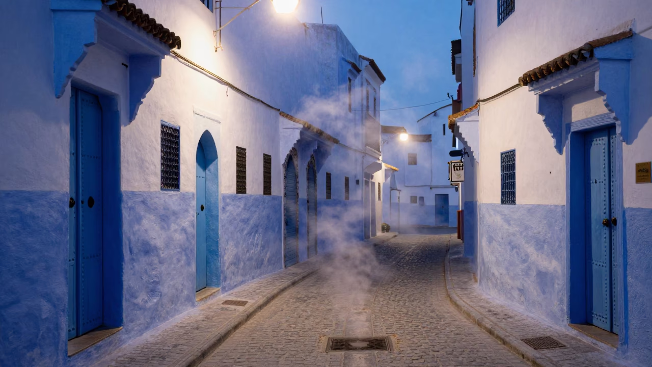 Blue Hour Street Scene in Essaouira Morocco with Steam Haze and Local Life in in Essaouira, Morocco