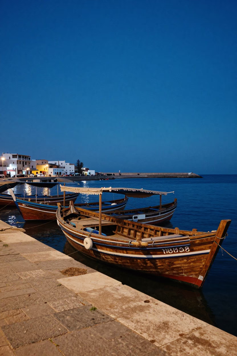 Blue Hour Street Scene in Essaouira Morocco with Traditional Dhow Boats and Coastal Life in in Essaouira, Morocco