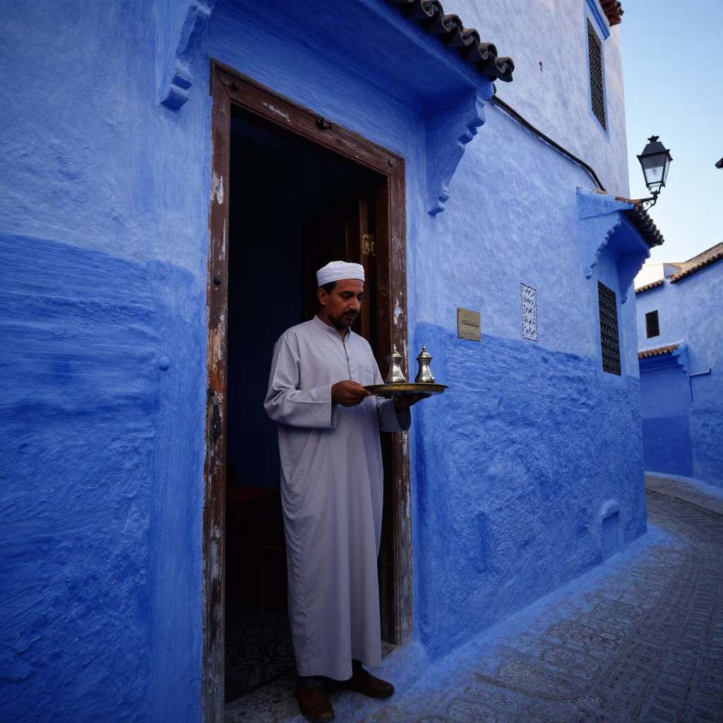 Blue Hour Street Scene in Essaouira Morocco with Traditional Tea Service and Blue Doorway in in Essaouira, Morocco