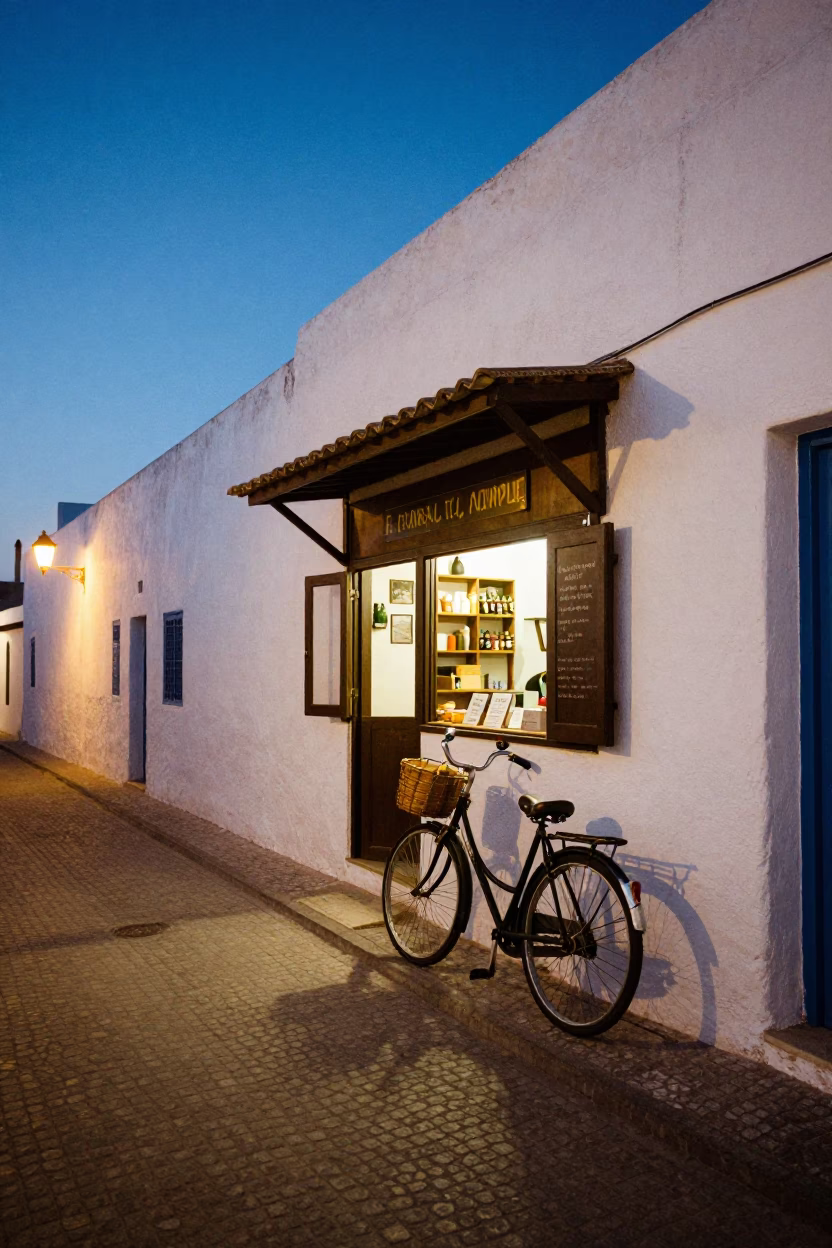 Blue Hour Street Scene in Essaouira Morocco with Vintage Bicycle and Local Bakery in in Essaouira, Morocco
