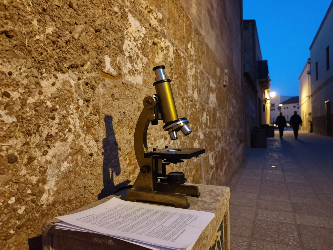 Blue Hour Street Scene in Essaouira Morocco with Vintage Brass Microscope and Paper Lanterns in in Essaouira, Morocco