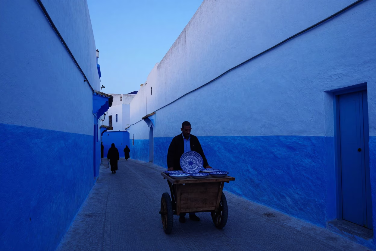 Blue Hour Street Scene in Essaouira Morocco with Vintage Majolica Plate in in Essaouira, Morocco