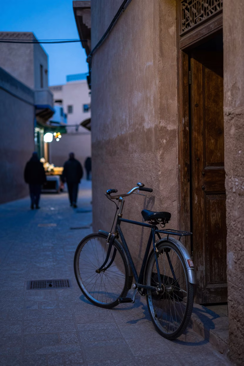 Blue Hour Street Scene in Fez Morocco with Bicycle and Traditional Food in in Fez, Morocco
