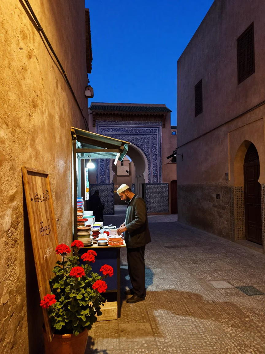 Blue Hour Street Scene in Fez Morocco with Geraniums and Wooden Board in in Fez, Morocco
