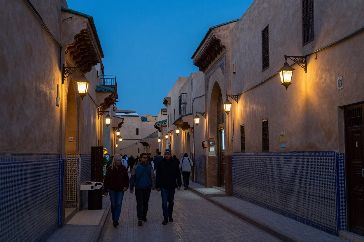 Blue Hour Street Scene in Fez Morocco with Lanterns and Tile Work in in Fez, Morocco