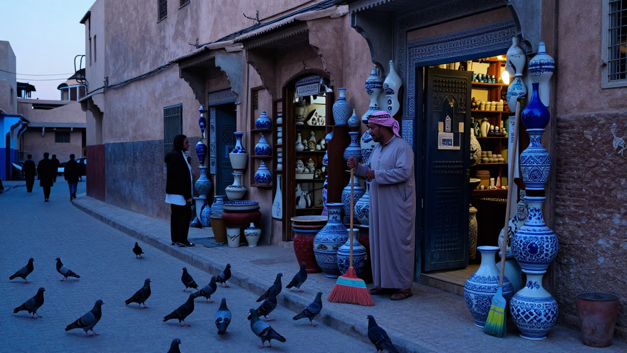 Blue Hour Street Scene in Fez Morocco with Pigeons and Ceramic Shop in in Fez, Morocco