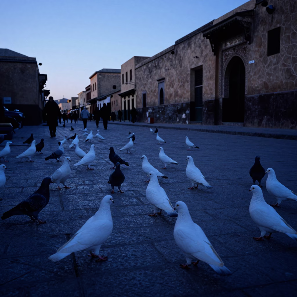 Blue Hour Street Scene in Fez Morocco with Pigeons and Traditional Architecture in in Fez, Morocco