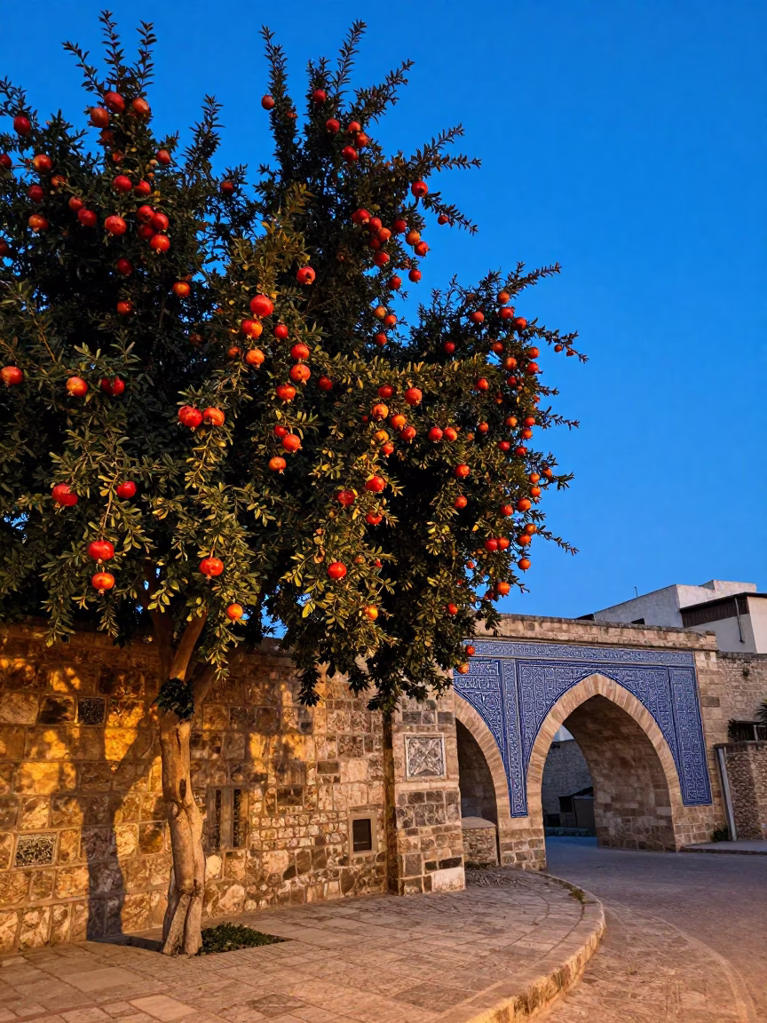 Blue Hour Street Scene in Fez Morocco with Pomegranate Tree and Stone Viaduct in in Fez, Morocco