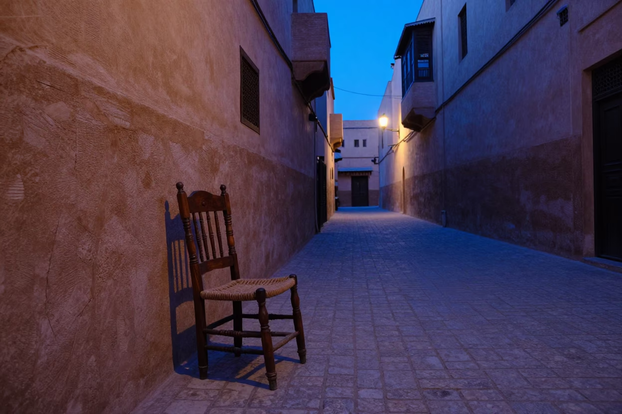 Blue Hour Street Scene in Fez Morocco with Spindle Chair and Heritage Details in in Fez, Morocco