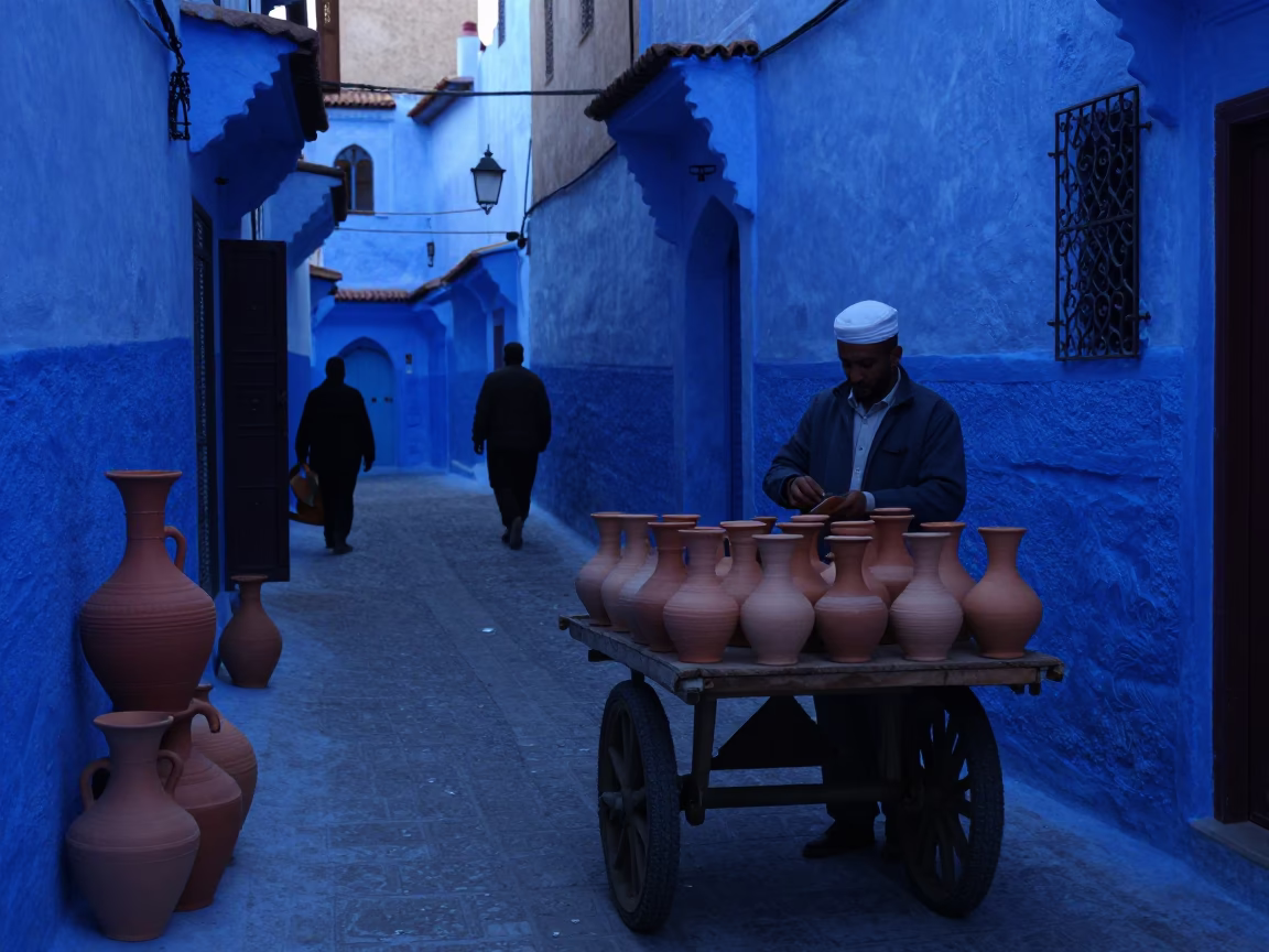 Blue Hour Street Scene in Fez Morocco with Traditional Pottery and Evening Light in in Fez, Morocco