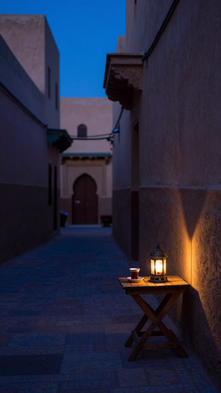 Blue Hour Street Scene in Fez Morocco with Traditional Tea and Dates in in Fez, Morocco