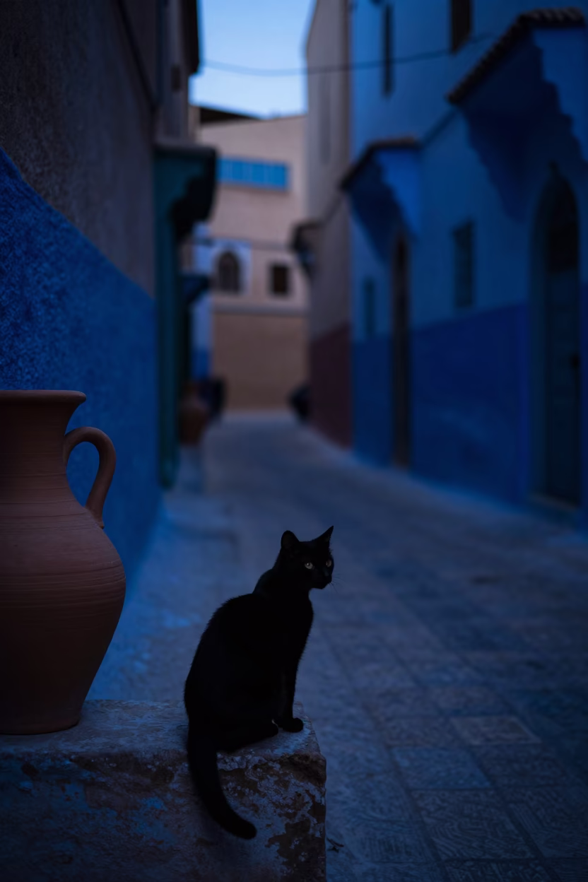 Blue Hour Street Scene in Fez With Cat And Clay Pot in in Fez, Morocco