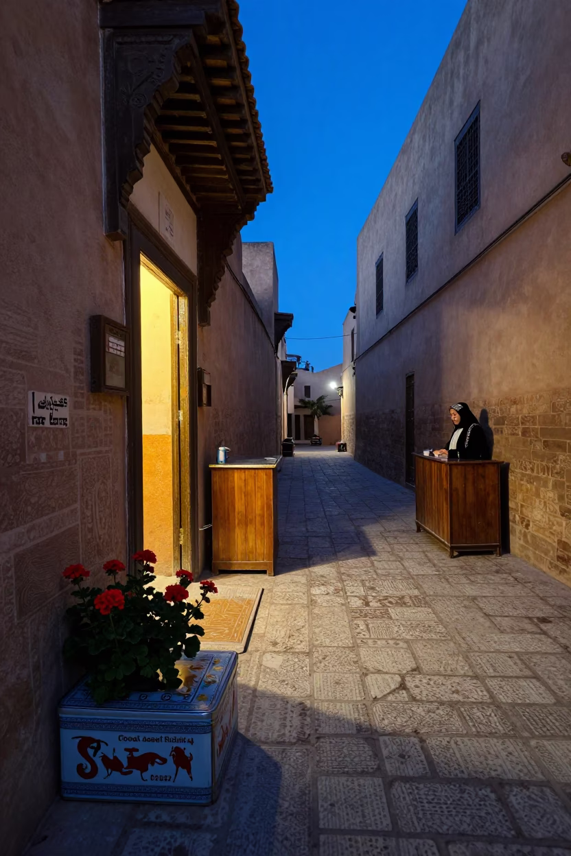 Blue Hour Street Scene in Fez With Tin Box and Geraniums in in Fez, Morocco