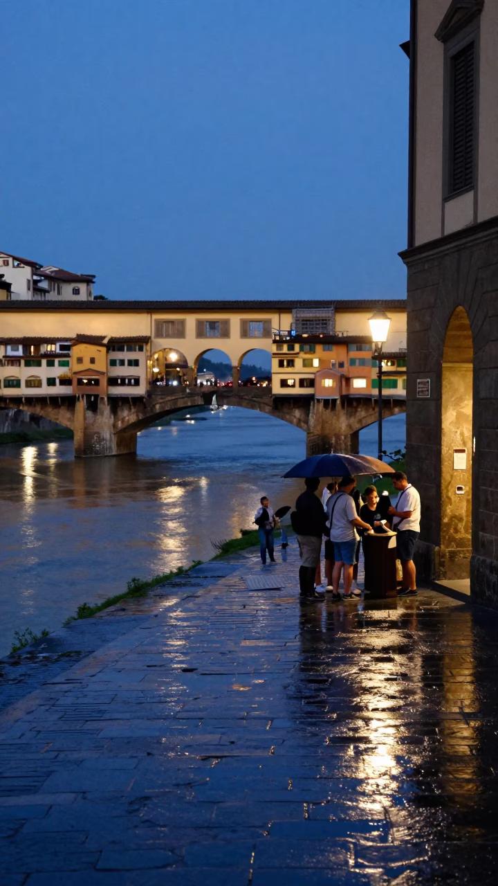 Blue Hour Street Scene in Florence Italy with Bridge Maintenance Cage in in Florence, Italy
