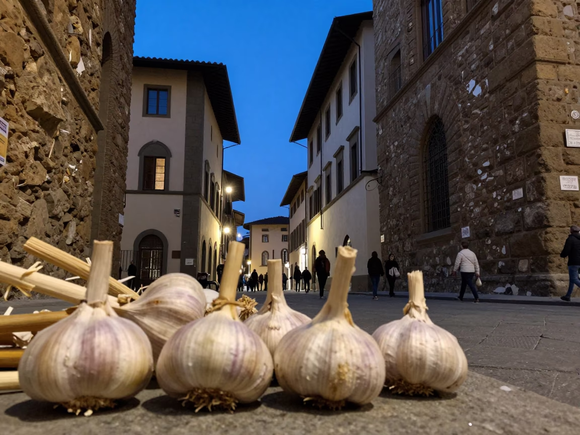 Blue Hour Street Scene in Florence Italy with Garlic Bulbs and Traditional Architecture in in Florence, Italy