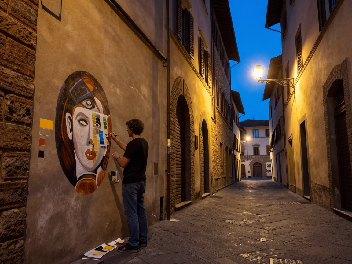 Blue Hour Street Scene in Florence Italy with Muralist Paint Samples and Cedar Tree in in Florence, Italy