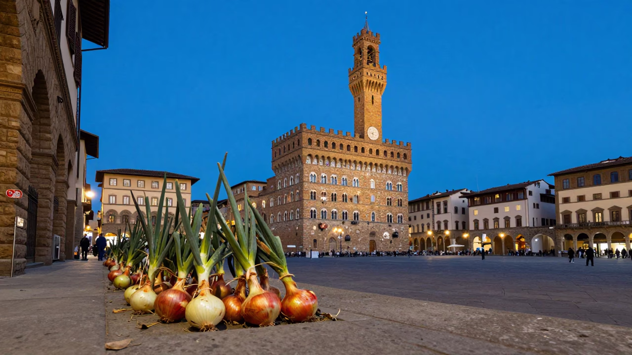 Blue Hour Street Scene in Florence Italy with Onions and Traditional Architecture in in Florence, Italy