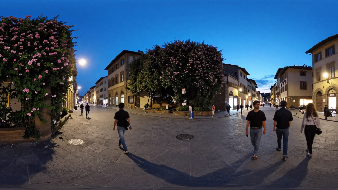 Blue Hour Street Scene in Florence Italy with Plumbago Hedge and Evening Pedestrians in in Florence, Italy