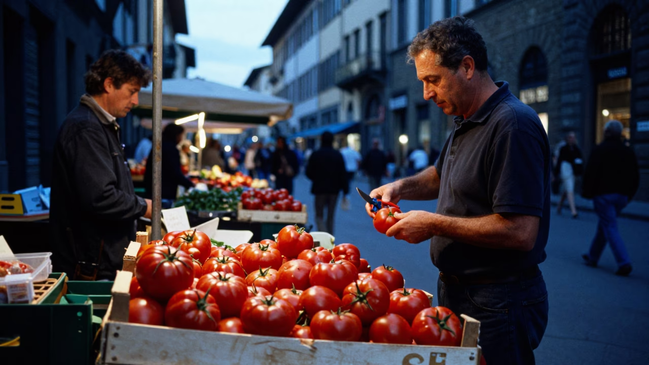 Blue Hour Street Scene in Florence Italy with Pruning Shears and Tomato Market Stall in in Florence, Italy