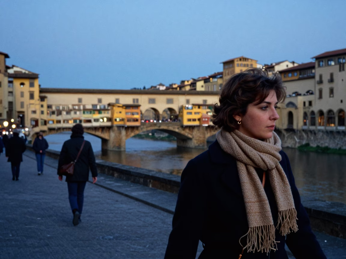 Blue Hour Street Scene in Florence Italy with Scarf and Twine Details in in Florence, Italy
