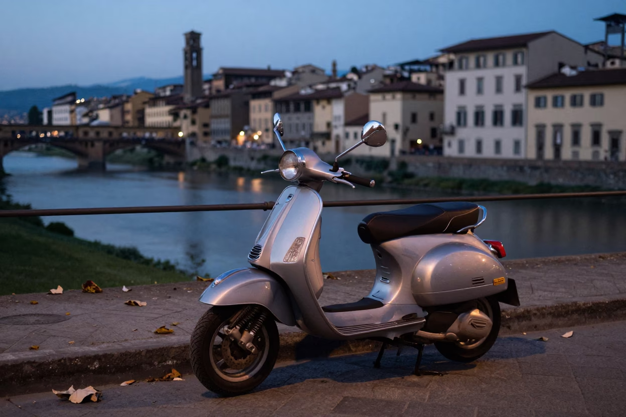 Blue Hour Street Scene in Florence Italy with Scooter and Basil Leaves in in Florence, Italy