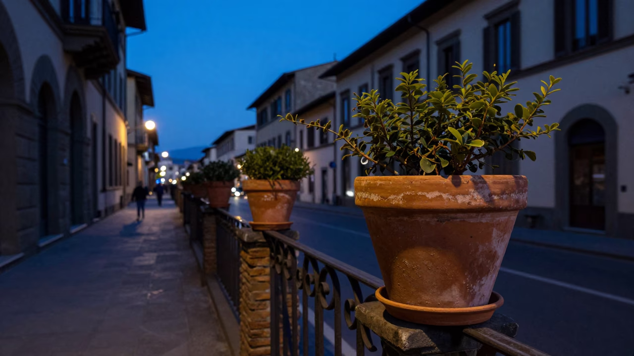 Blue Hour Street Scene in Florence Italy with Terracotta Pots and Urban Evening Light in in Florence, Italy