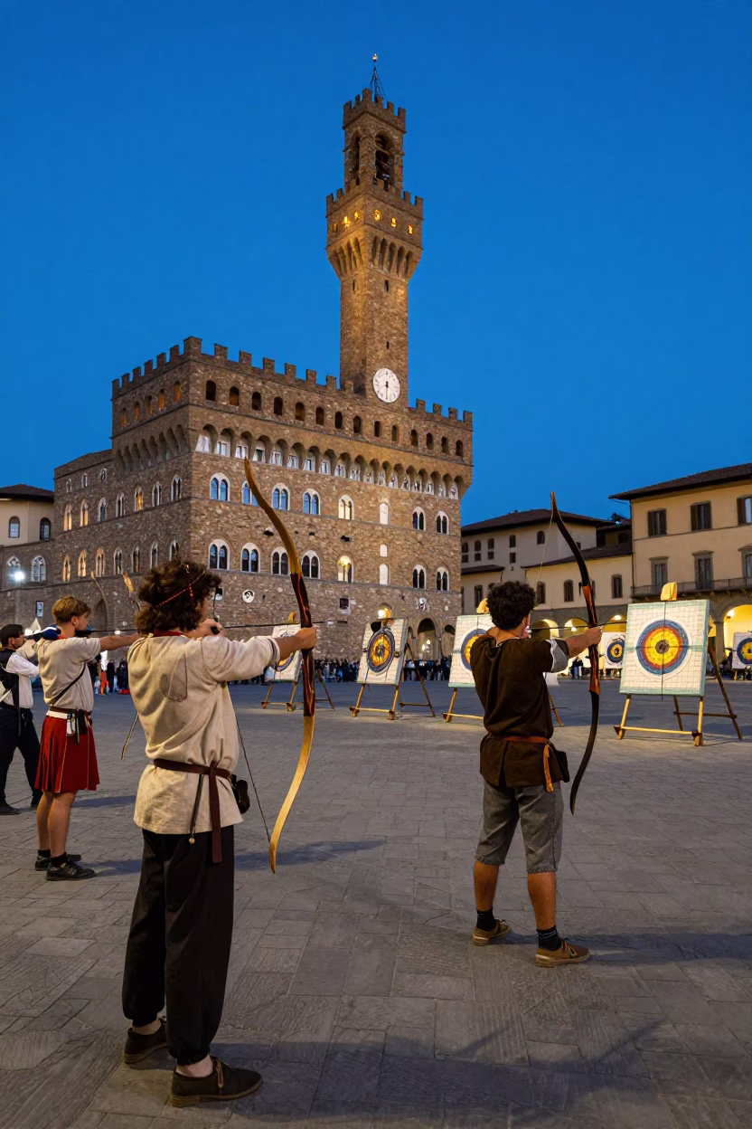 Blue Hour Street Scene in Florence Italy with Traditional Archery Contest and Historic Architecture in in Florence, Italy