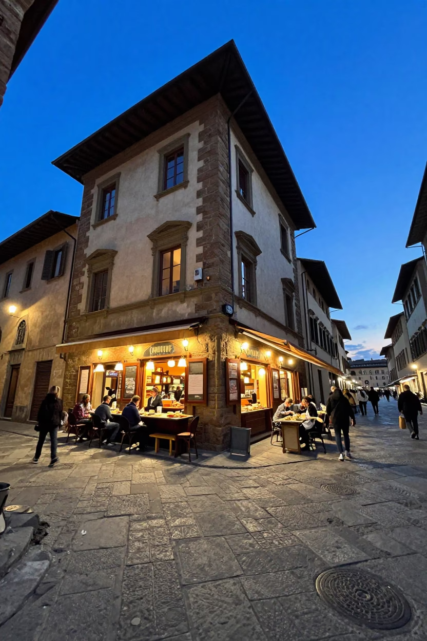 Blue Hour Street Scene in Florence Italy with Traditional Food and Historic Architecture in in Florence, Italy