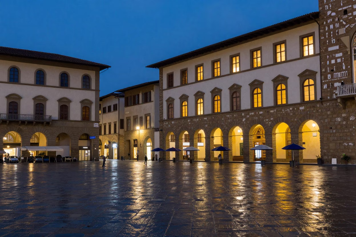 Blue Hour Street Scene in Florence Italy with Umbrellas and Traditional Architecture in in Florence, Italy