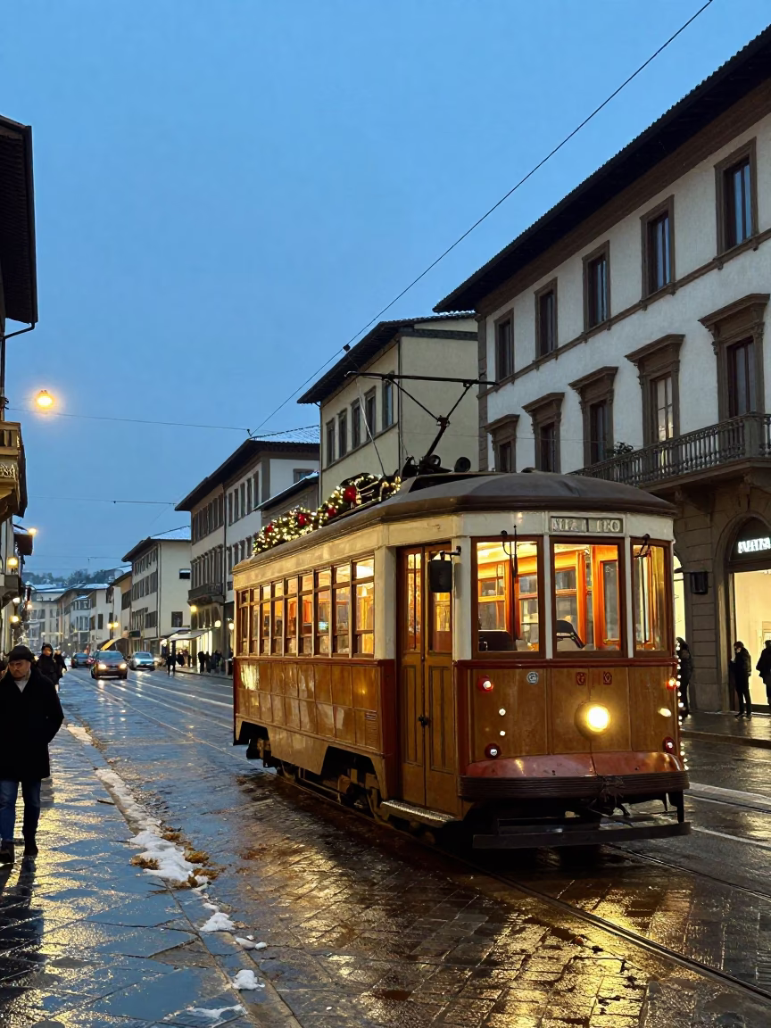 Blue Hour Street Scene in Florence Italy with Vintage 1970s Tram and City Lights in in Florence, Italy