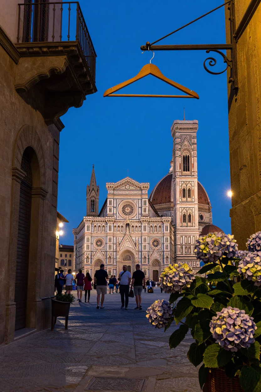 Blue Hour Street Scene in Florence Italy with Wooden Hanger and Hydrangeas in in Florence, Italy