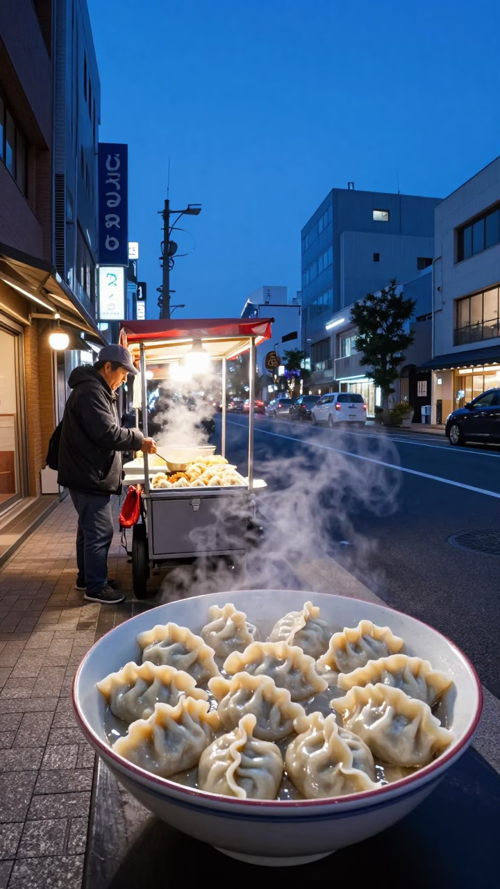 Blue Hour Street Scene in Fukuoka Japan with Bowl of Manti Dumplings in in Fukuoka, Japan