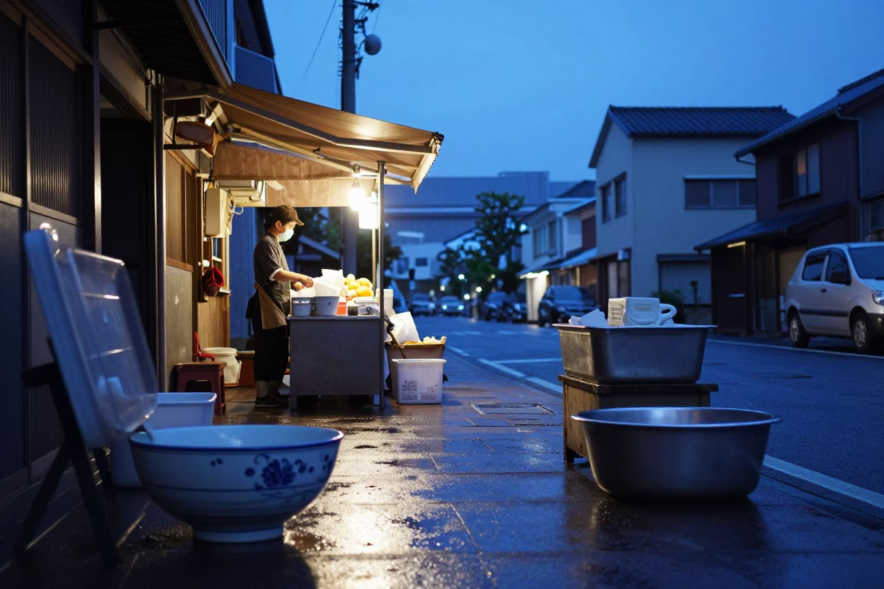 Blue Hour Street Scene in Fukuoka Japan with Ceramic Bowl and Steel Basin in in Fukuoka, Japan