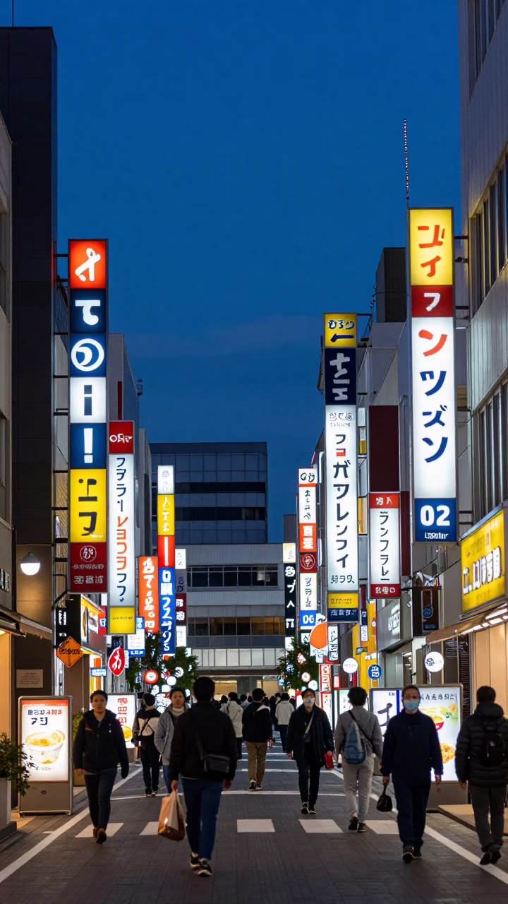 Blue Hour Street Scene in Fukuoka Japan with Neon Signs and Pedestrians in in Fukuoka, Japan