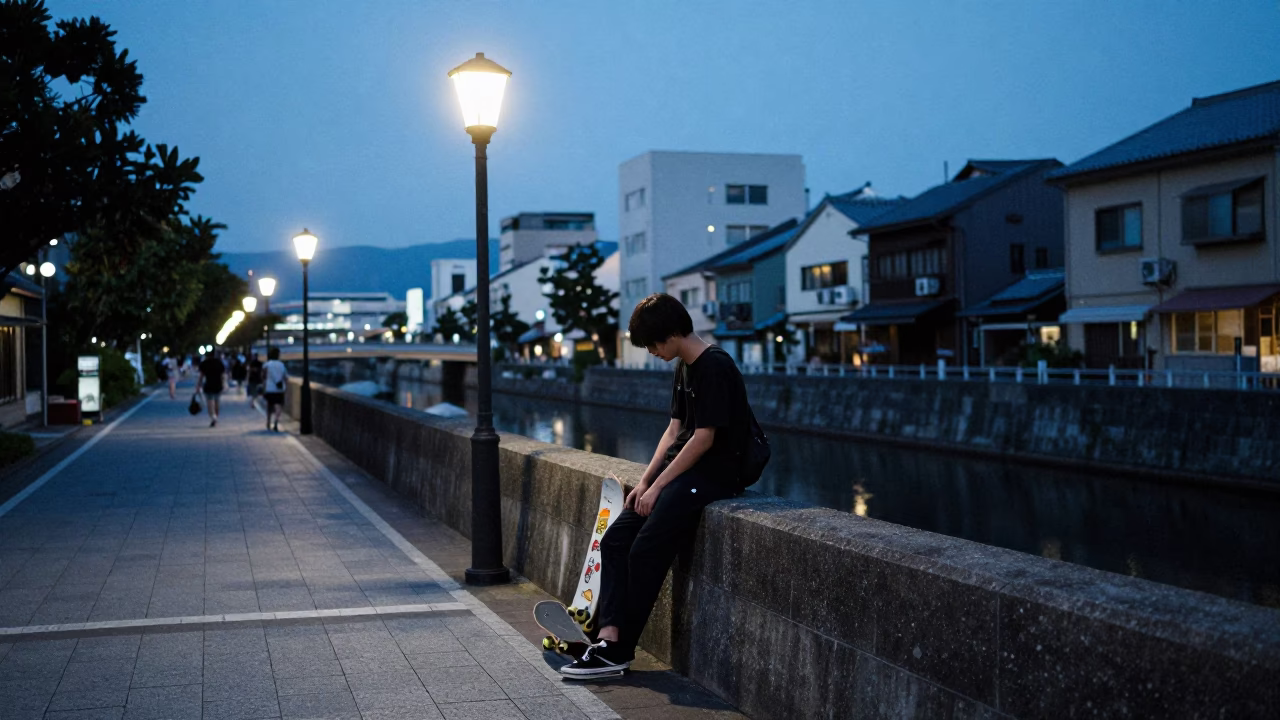 Blue Hour Street Scene in Fukuoka Japan with Skateboard and Table Lamp in in Fukuoka, Japan
