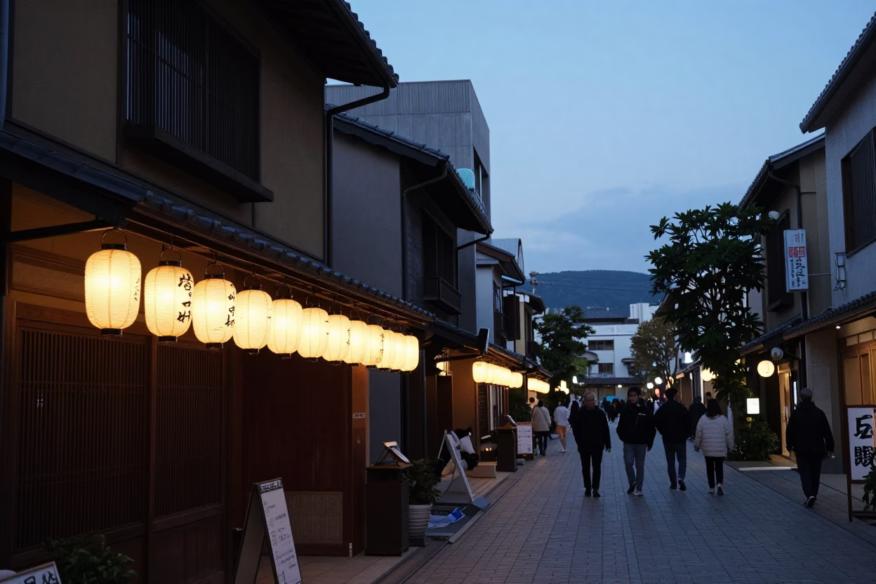Blue Hour Street Scene in Fukuoka Japan with Traditional Lanterns and Urban Architecture in in Fukuoka, Japan