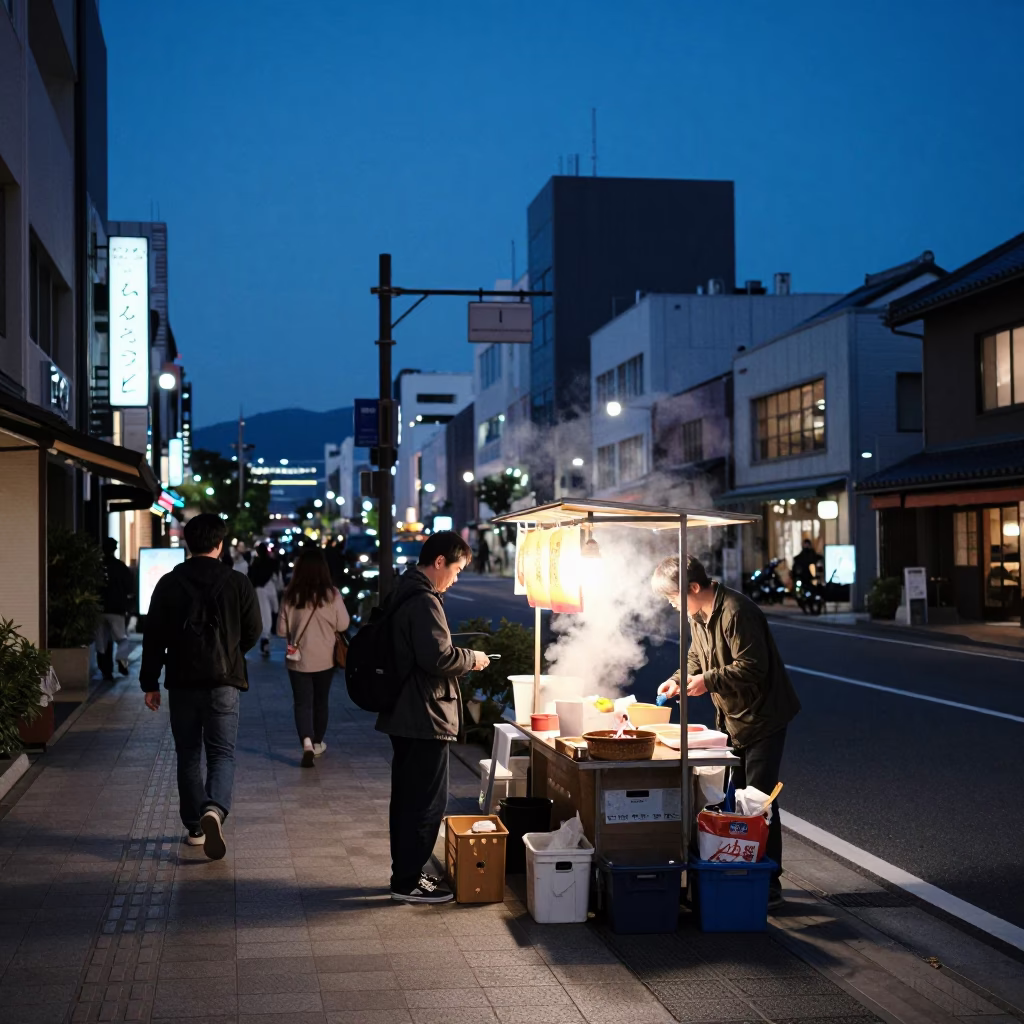 Blue Hour Street Scene in Fukuoka Japan with Vendor and Pedestrians in in Fukuoka, Japan