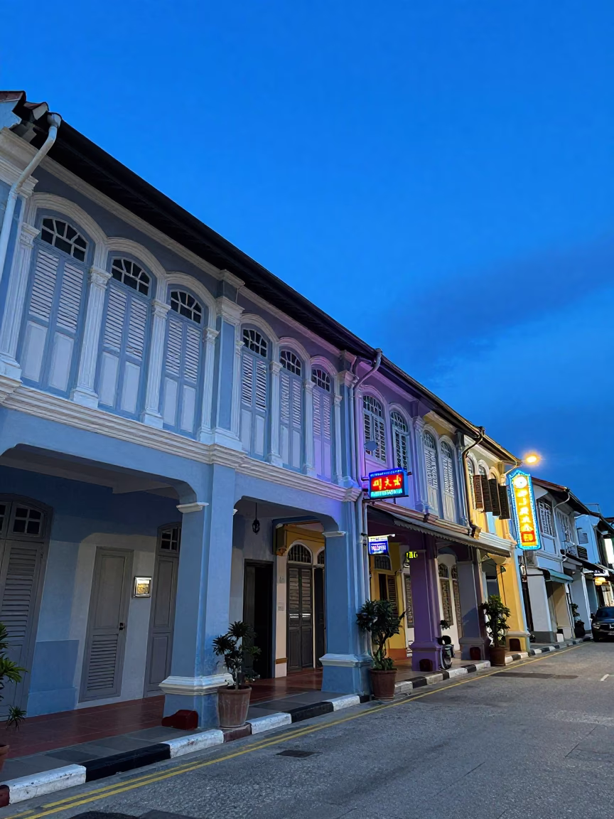 Blue Hour Street Scene in George Town Malaysia with Shuttered Windows and Neon Signs in in George Town, Malaysia