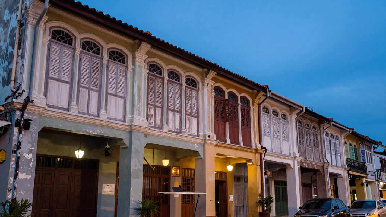 Blue Hour Street Scene in George Town Malaysia with Vintage Shopfronts and Lanterns in in George Town, Malaysia