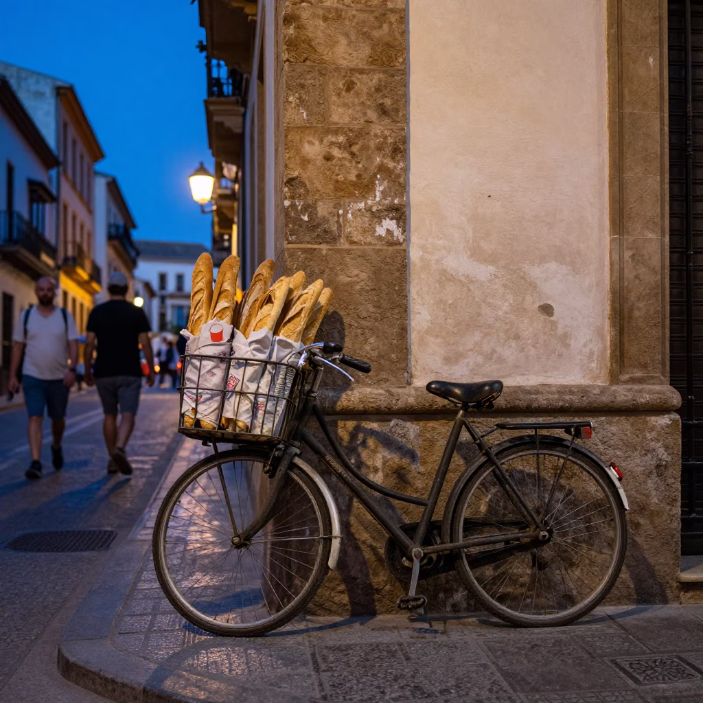 Blue Hour Street Scene in Granada Spain with Bicycle and Baguettes in in Granada, Spain