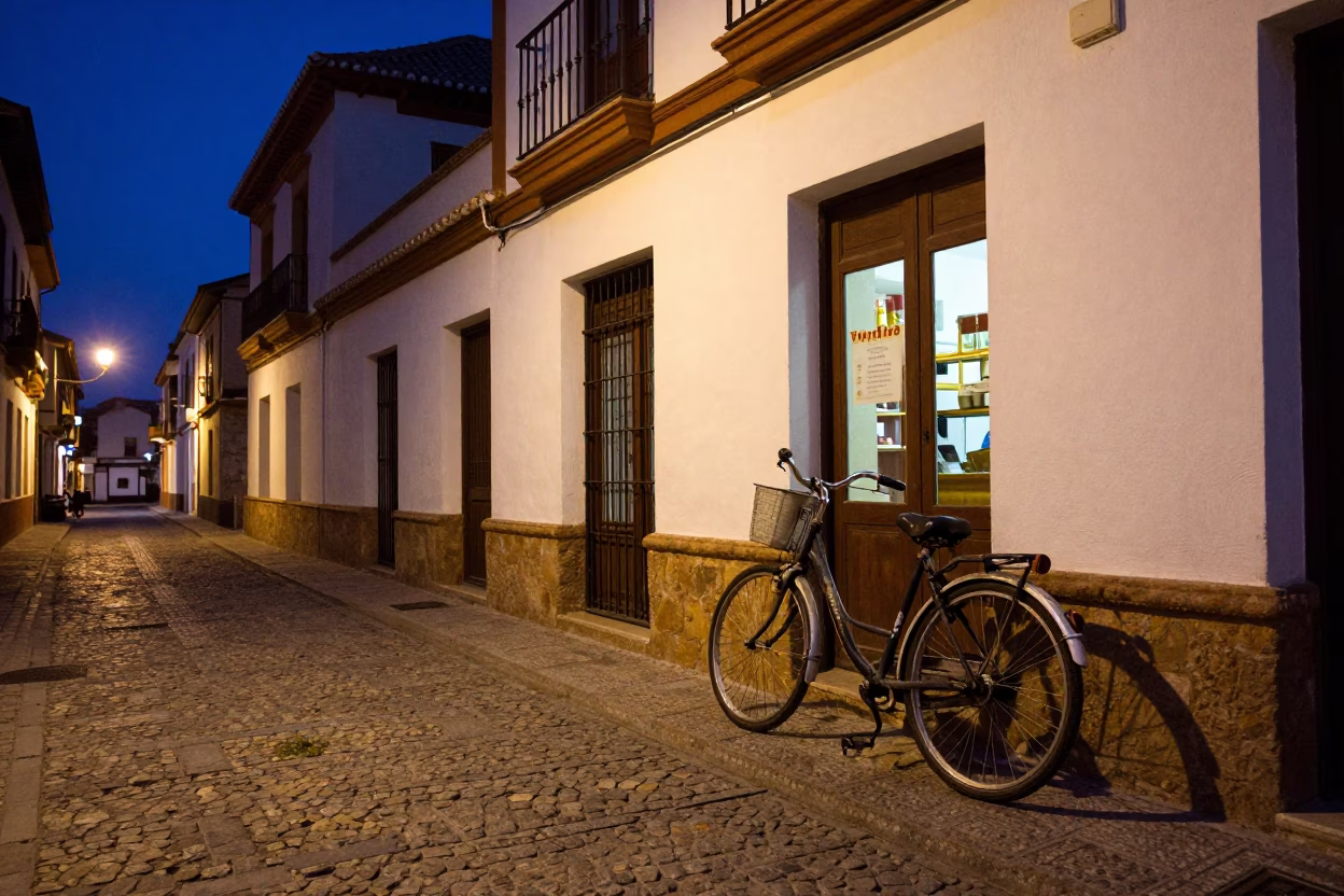Blue Hour Street Scene in Granada Spain with Bicycle and Bakery in in Granada, Spain